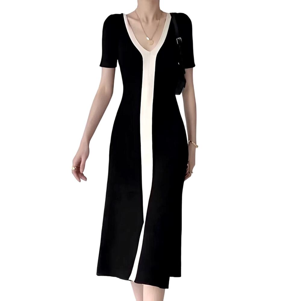 Commense Black Midi Dress with Cream Center Panel